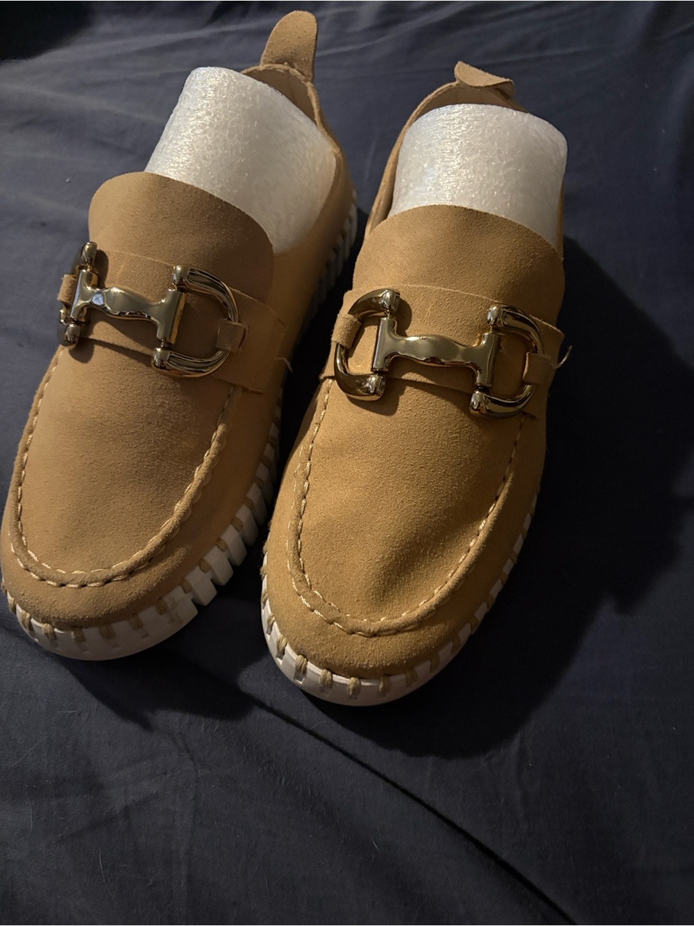 Ilse Jacobsen Tan Suede Loafers with Gold Bit Hardware
